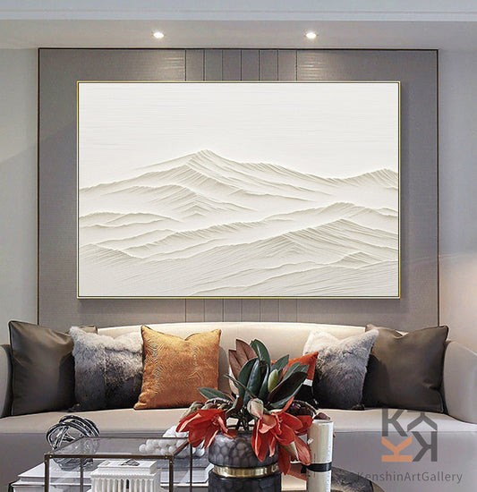 Elegant White Minimalist Abstract Landscape Oil Painting for Modern Home Decor