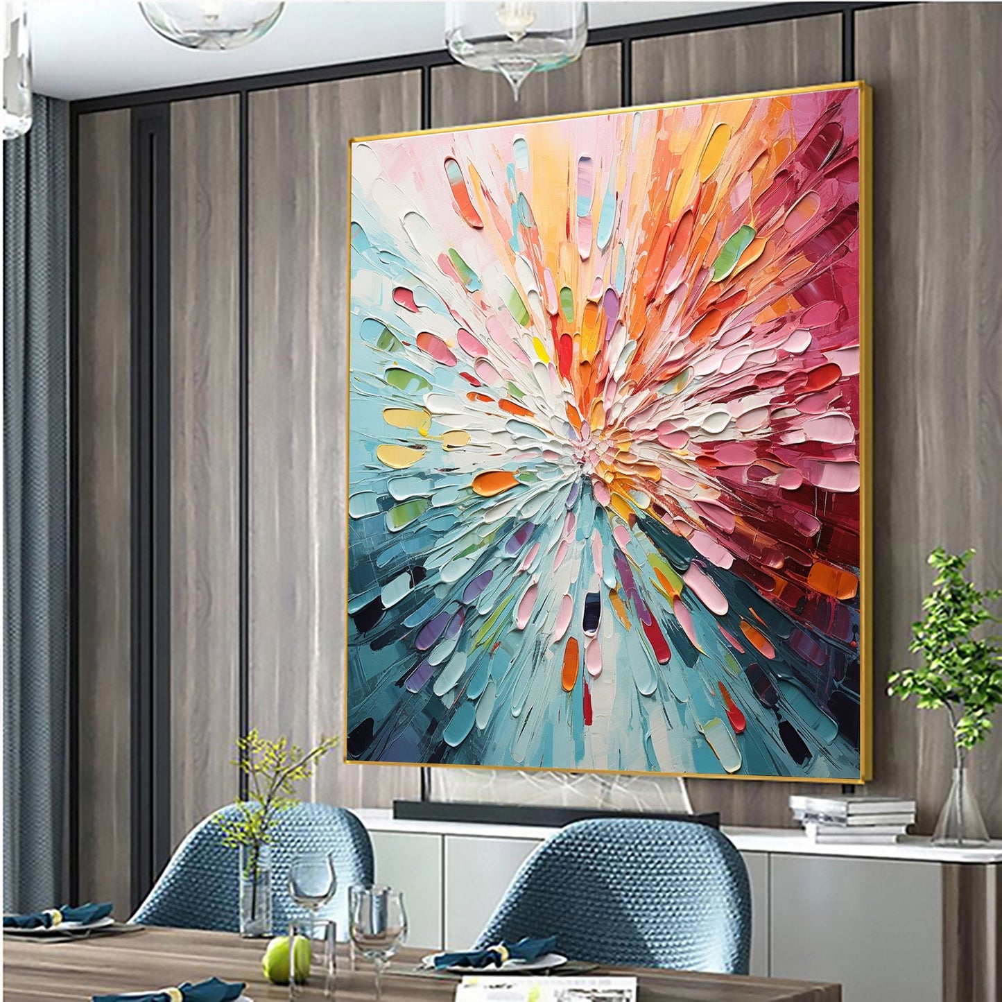 Vibrant Color Burst: Modern Abstract Oil Painting for Contemporary Decor