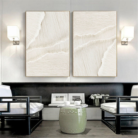Contemporary White Beige Abstract Oil Painting Duo for Minimalist Interiors