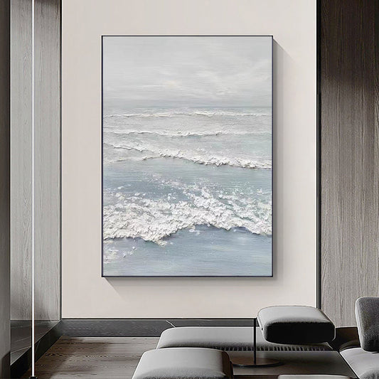 Serene White Abstract Ocean Wave Painting for Modern Home Decor
