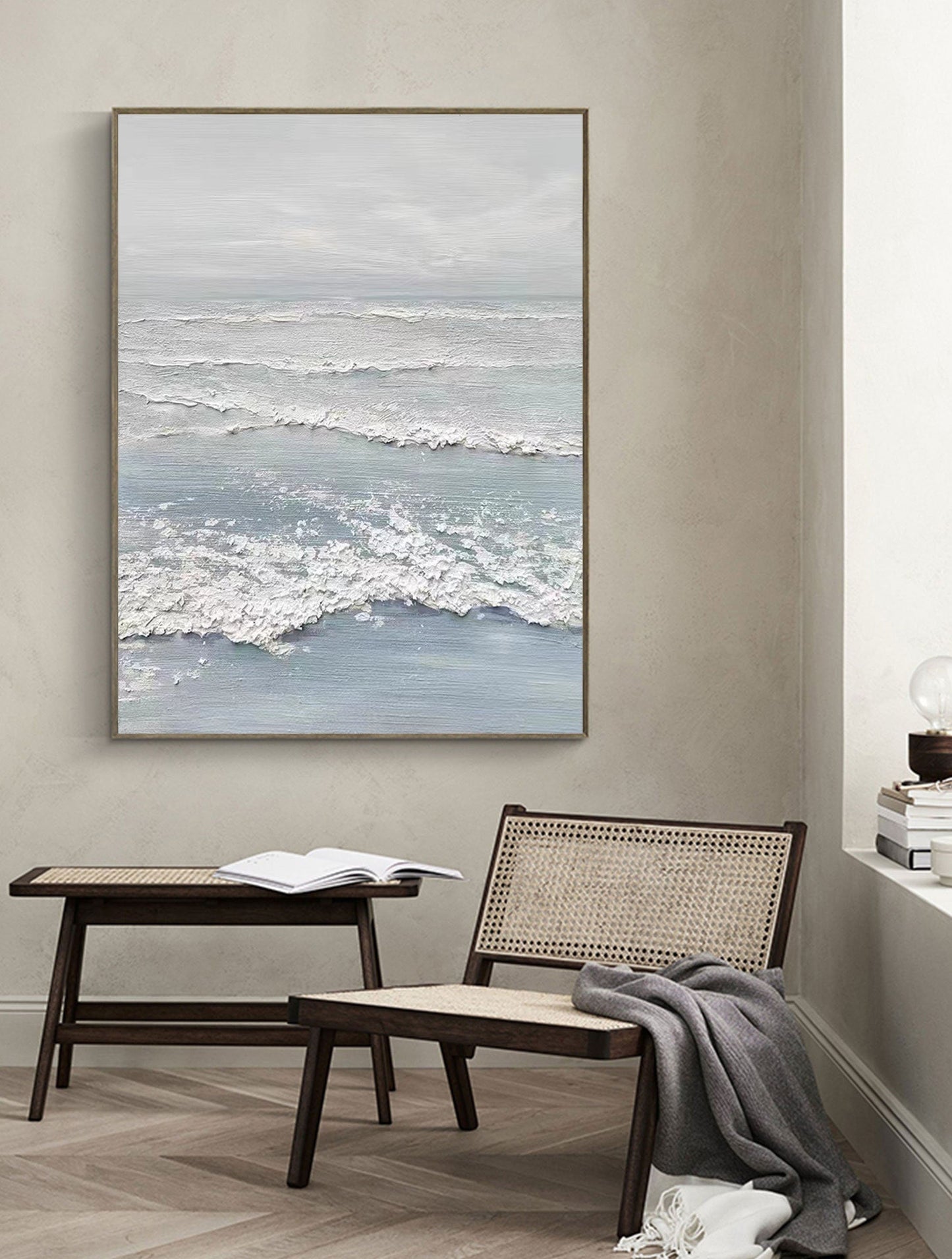Serene White Abstract Ocean Wave Painting for Modern Home Decor