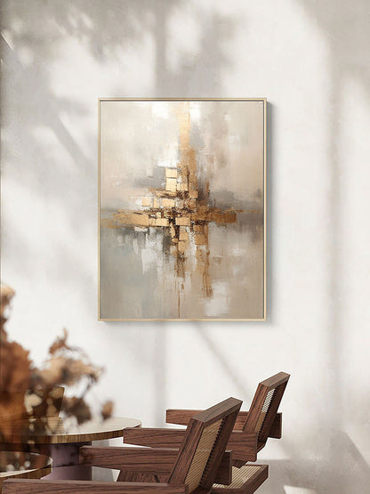 Elegant Grey and Gold Abstract Minimalist Oil Painting for Modern Home Decor