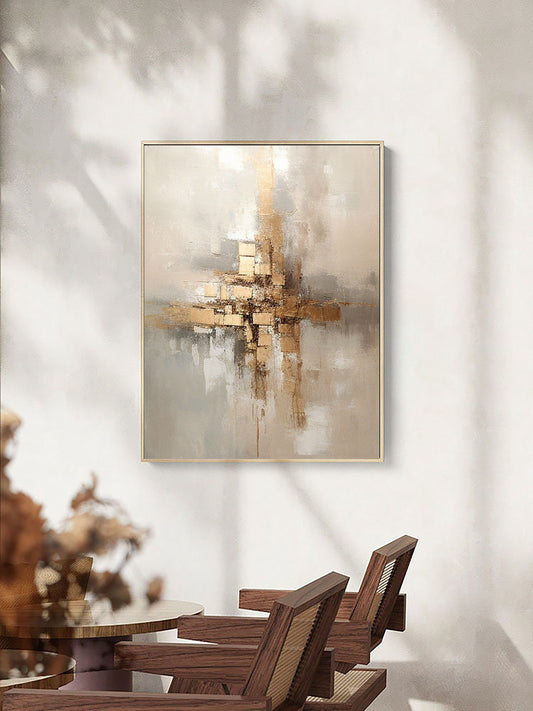 Elegant Grey and Gold Abstract Minimalist Oil Painting for Modern Home Decor