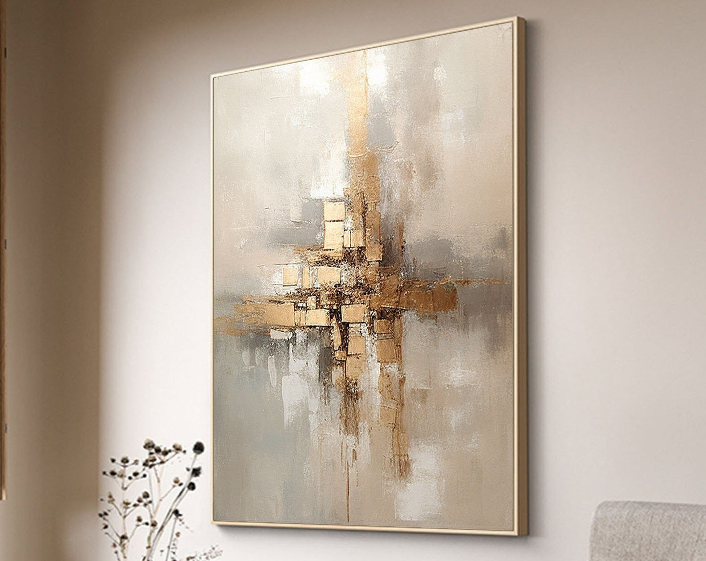 Elegant Grey and Gold Abstract Minimalist Oil Painting for Modern Home Decor