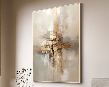 Elegant Grey and Gold Abstract Minimalist Oil Painting for Modern Home Decor