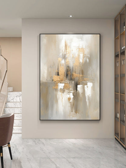 Elegant Grey and Gold Minimalist Oil Painting for Modern Home Decor