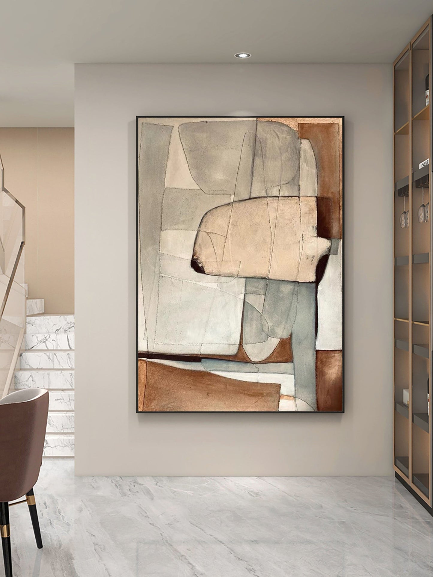 Contemporary Beige and Brown Abstract Oil Painting for Modern Home Decor