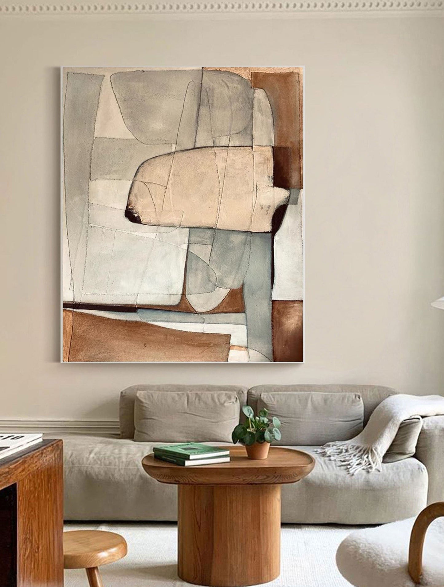 Contemporary Beige and Brown Abstract Oil Painting for Modern Home Decor