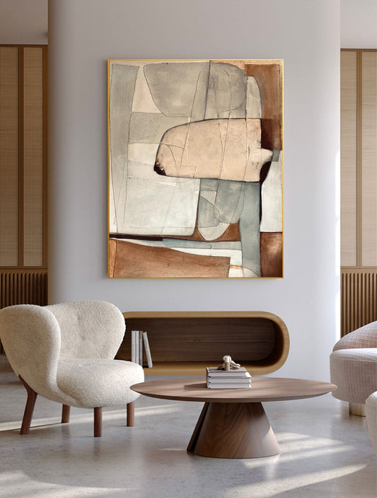 Contemporary Beige and Brown Abstract Oil Painting for Modern Home Decor