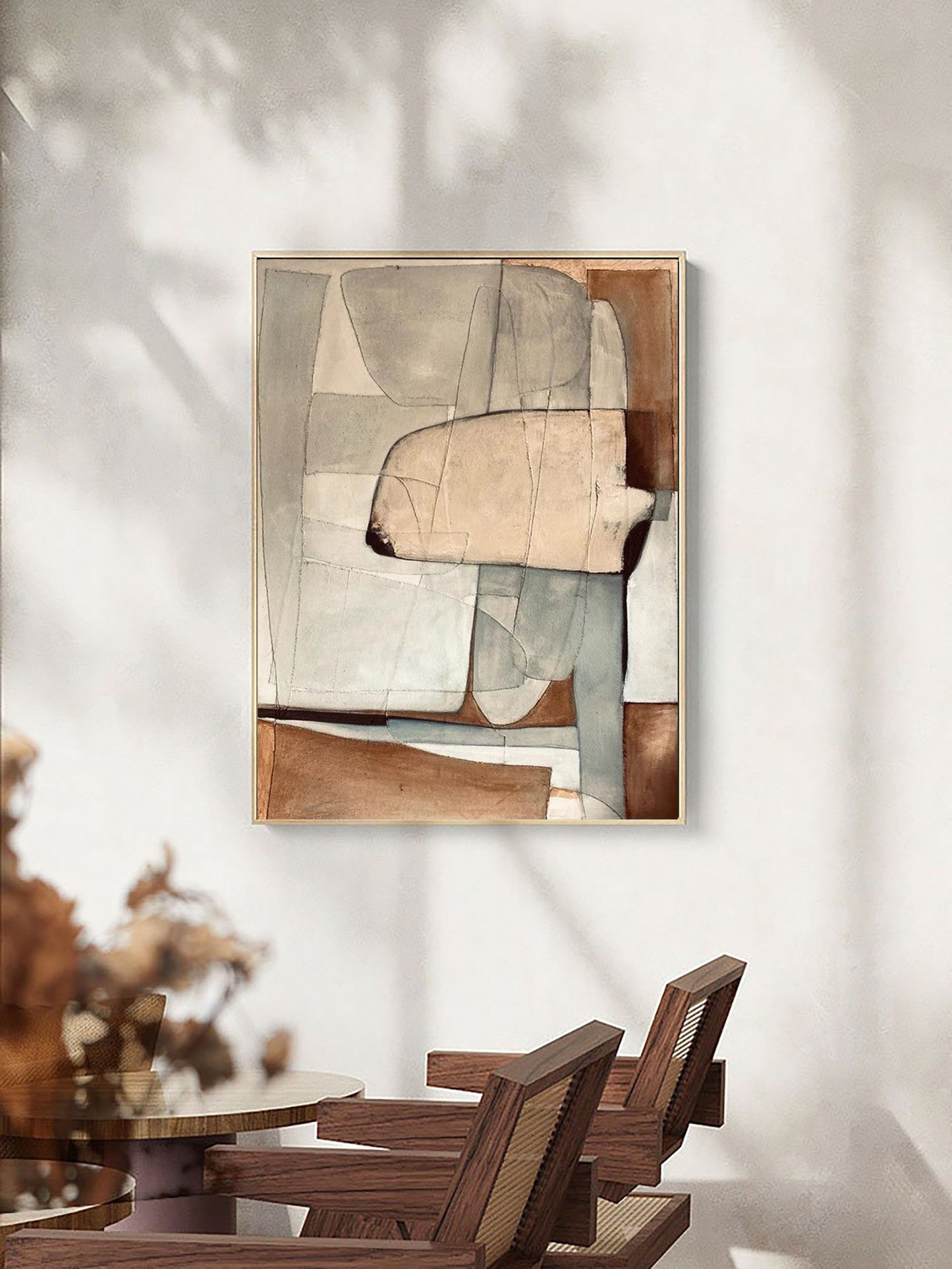 Contemporary Beige and Brown Abstract Oil Painting for Modern Home Decor