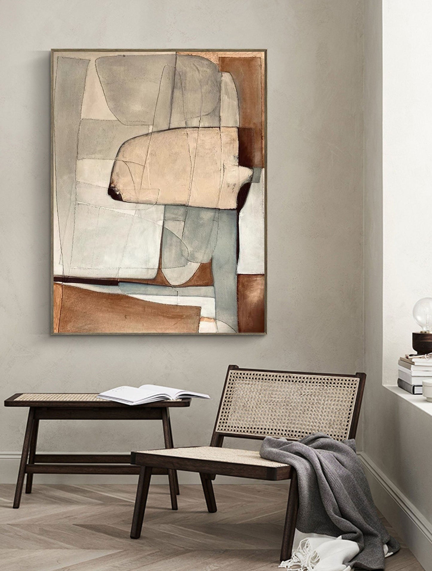Contemporary Beige and Brown Abstract Oil Painting for Modern Home Decor