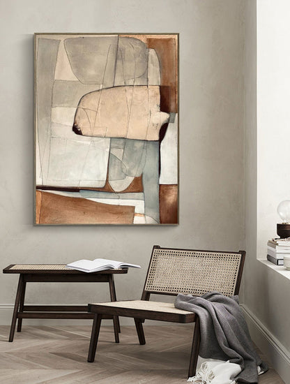 Contemporary Beige and Brown Abstract Oil Painting for Modern Home Decor