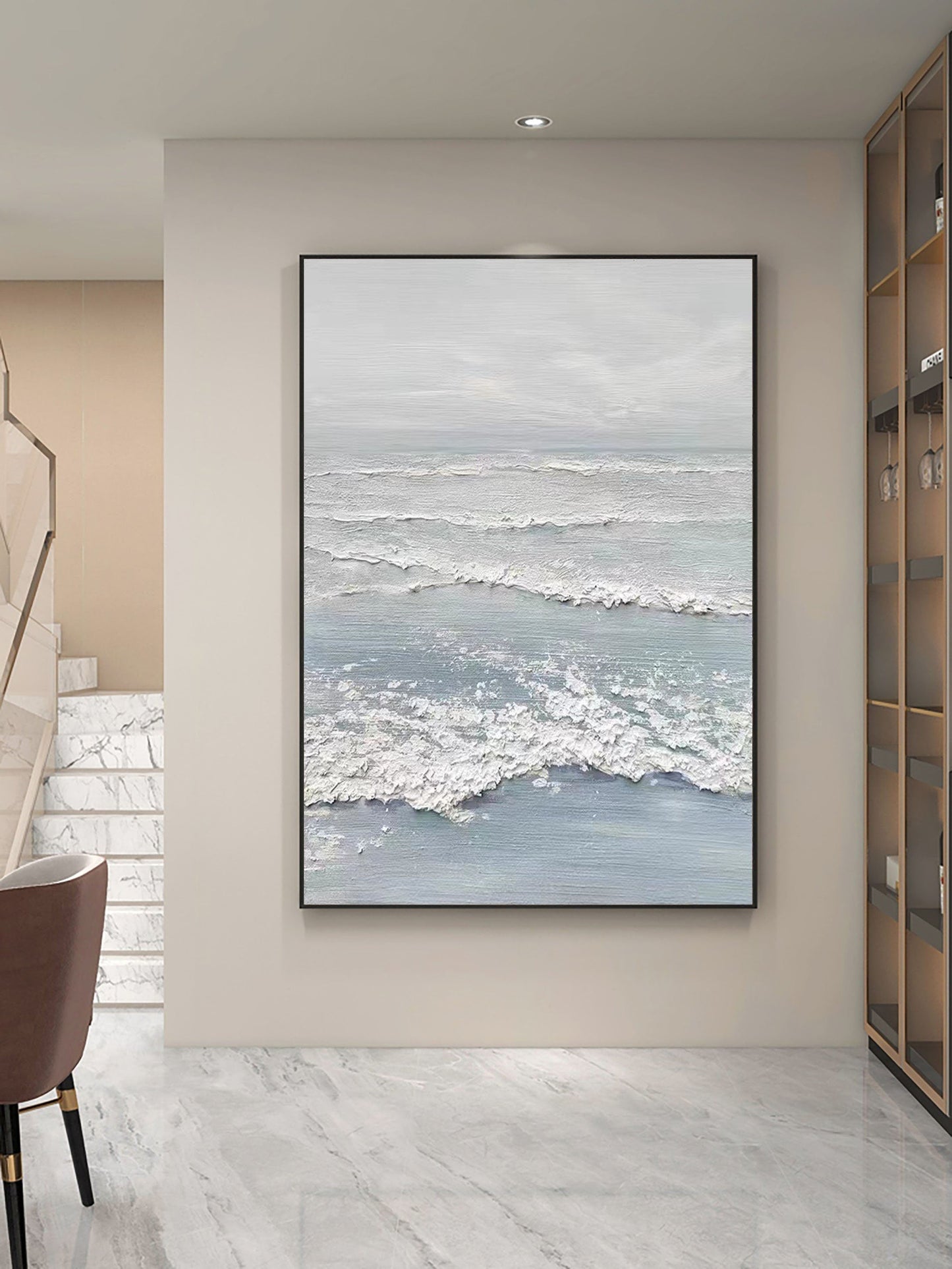 Serene White Abstract Ocean Wave Painting for Modern Home Decor
