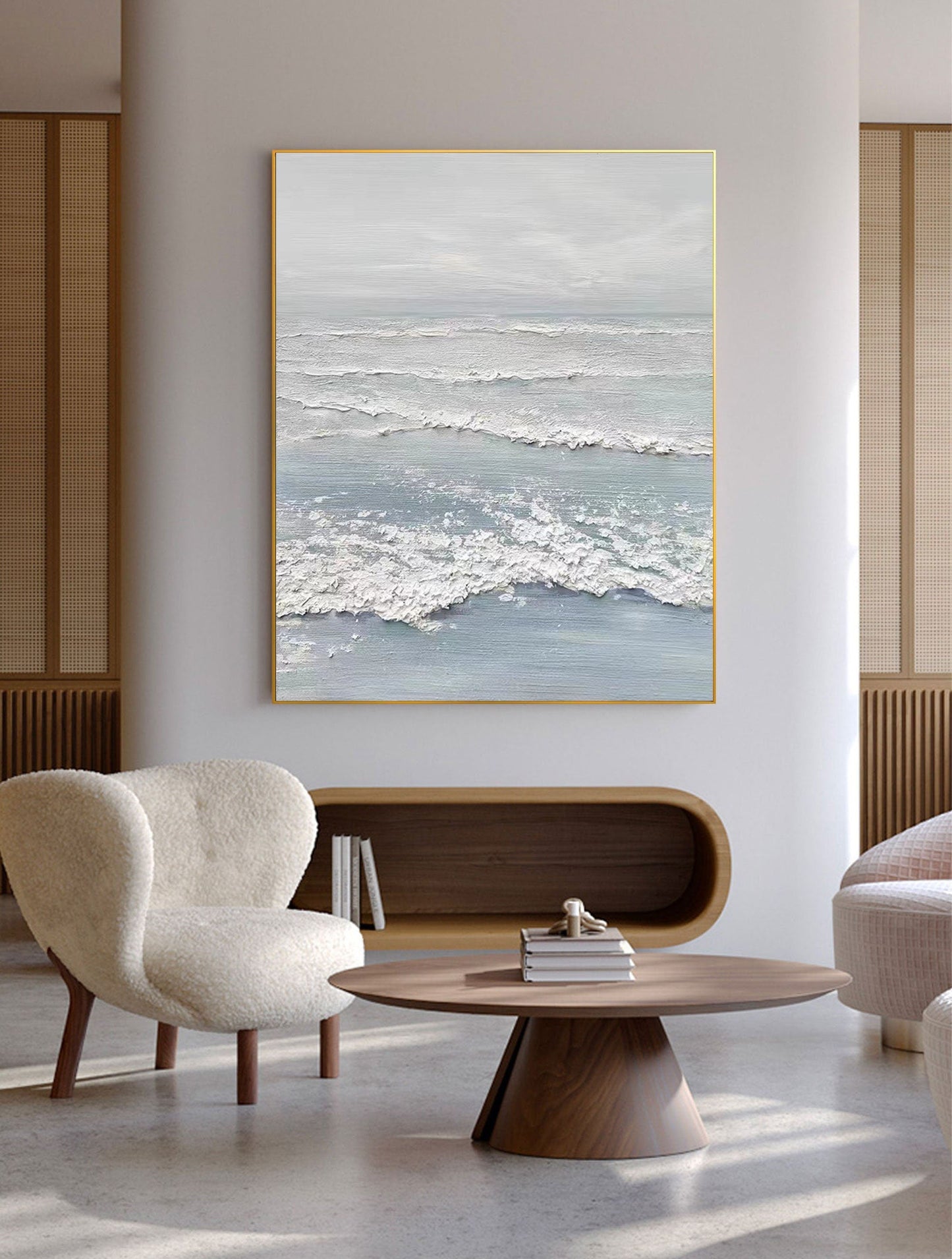 Serene White Abstract Ocean Wave Painting for Modern Home Decor