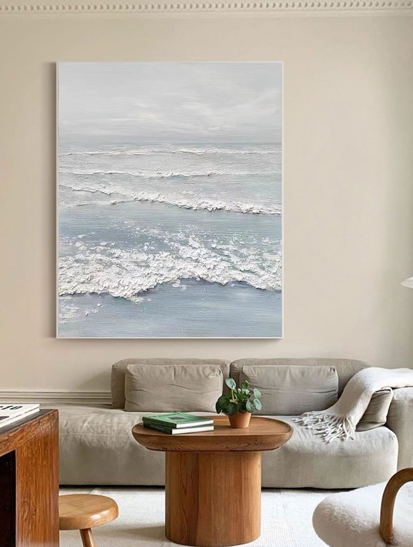 Serene White Abstract Ocean Wave Painting for Modern Home Decor