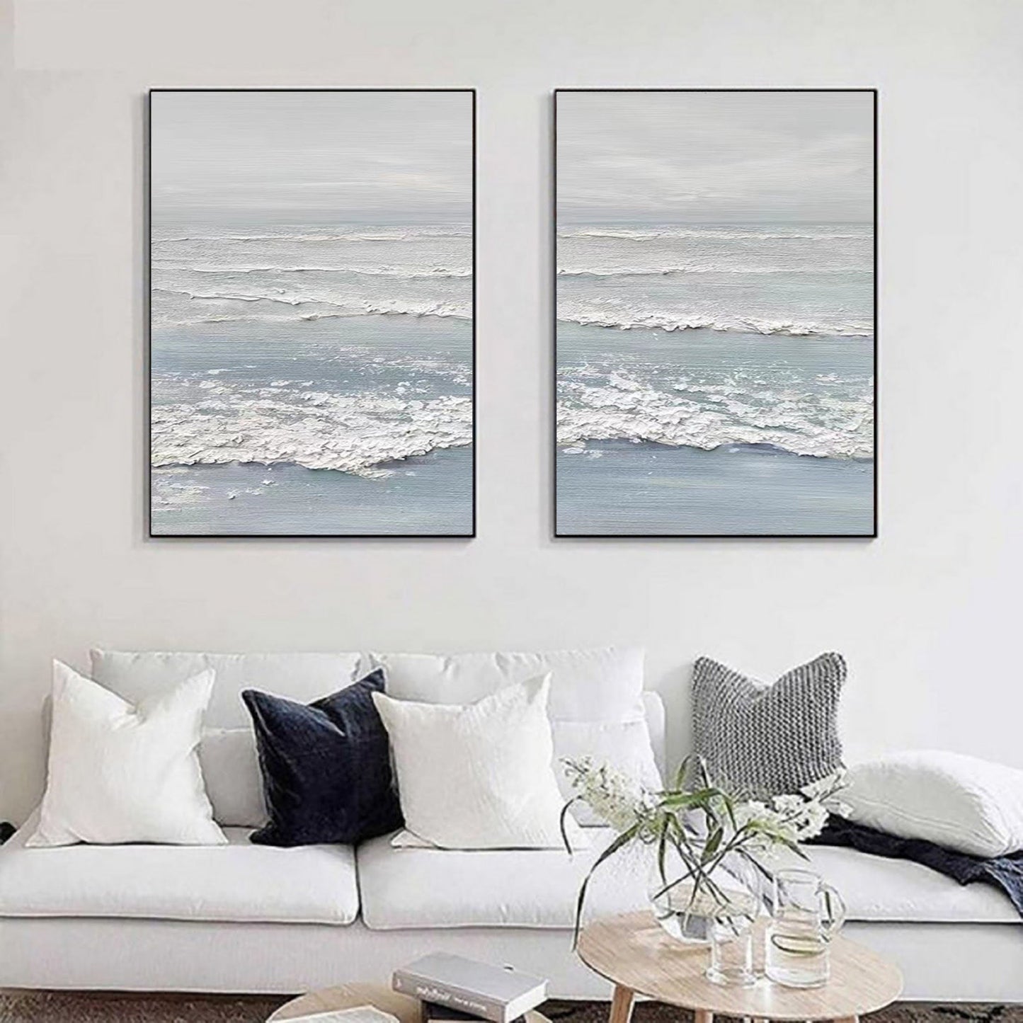 Tranquil Ocean Waves Diptych Oil Paintings for Serene Home Décor