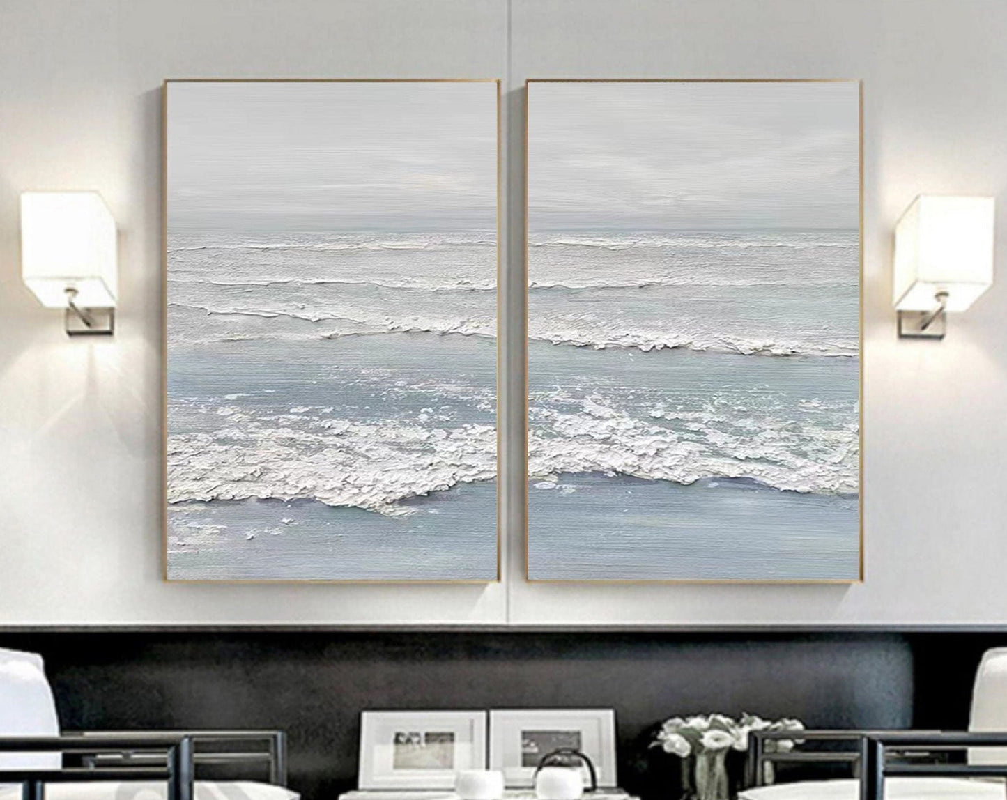 Tranquil Ocean Waves Diptych Oil Paintings for Serene Home Décor