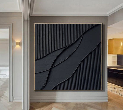 Elegant Black Waves Abstract Oil Painting for Modern Home Decor