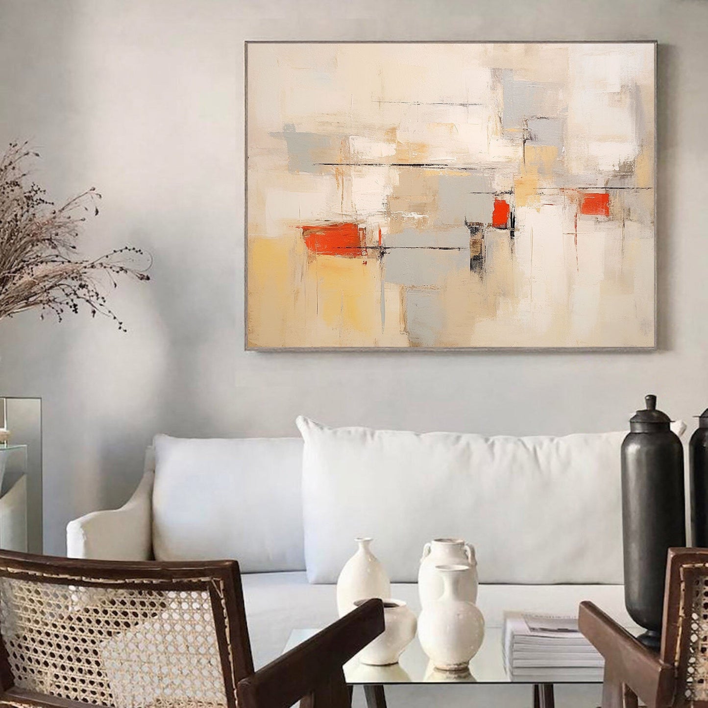 Contemporary Beige and Brown Abstract Oil Painting with Warm Accents