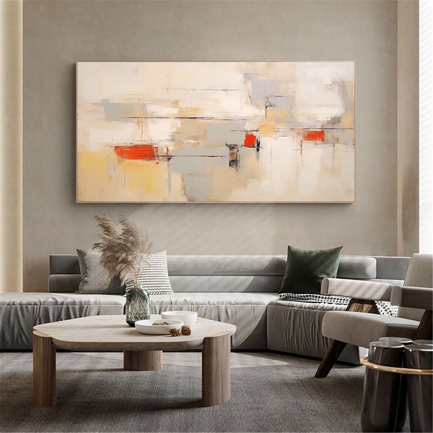 Contemporary Beige and Brown Abstract Oil Painting with Warm Accents