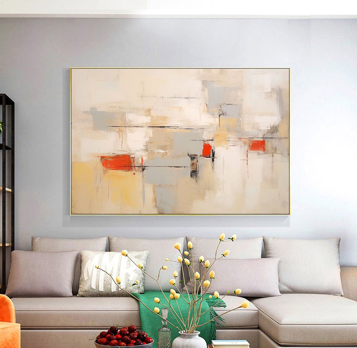 Contemporary Beige and Brown Abstract Oil Painting with Warm Accents
