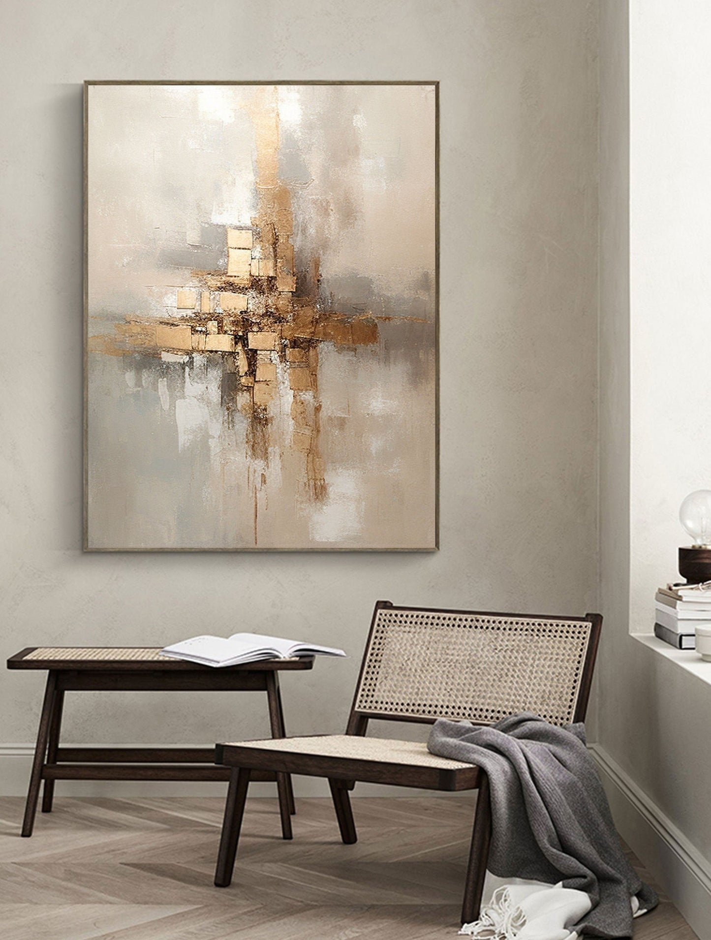 Elegant Grey and Gold Abstract Minimalist Oil Painting for Modern Home Decor