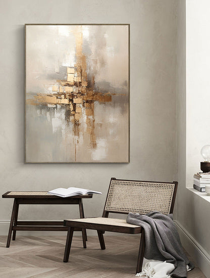 Elegant Grey and Gold Abstract Minimalist Oil Painting for Modern Home Decor