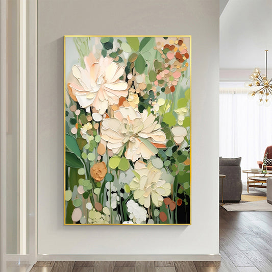 Serene Floral Abstract Oil Painting in Soft Pastels and Greens for Home Decor