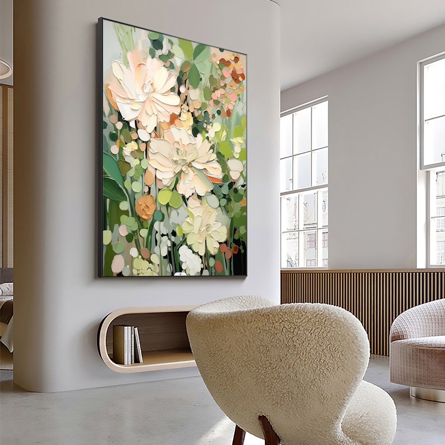 Serene Floral Abstract Oil Painting in Soft Pastels and Greens for Home Decor