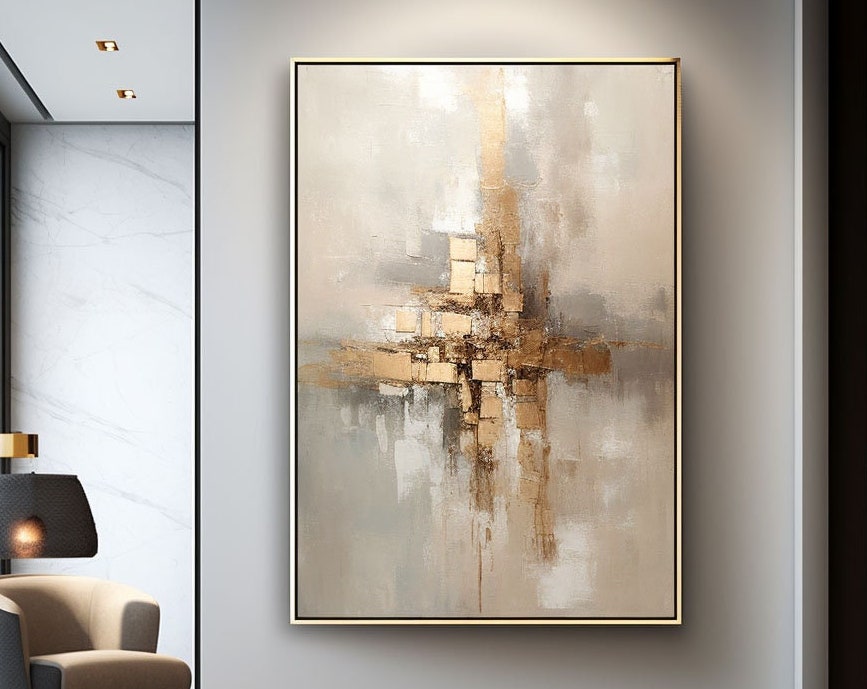 Elegant Grey and Gold Abstract Minimalist Oil Painting for Modern Home Decor