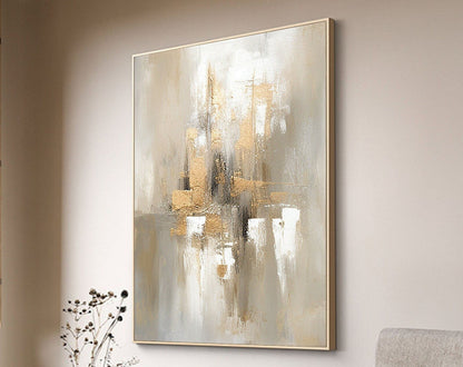 Elegant Grey and Gold Minimalist Oil Painting for Modern Home Decor