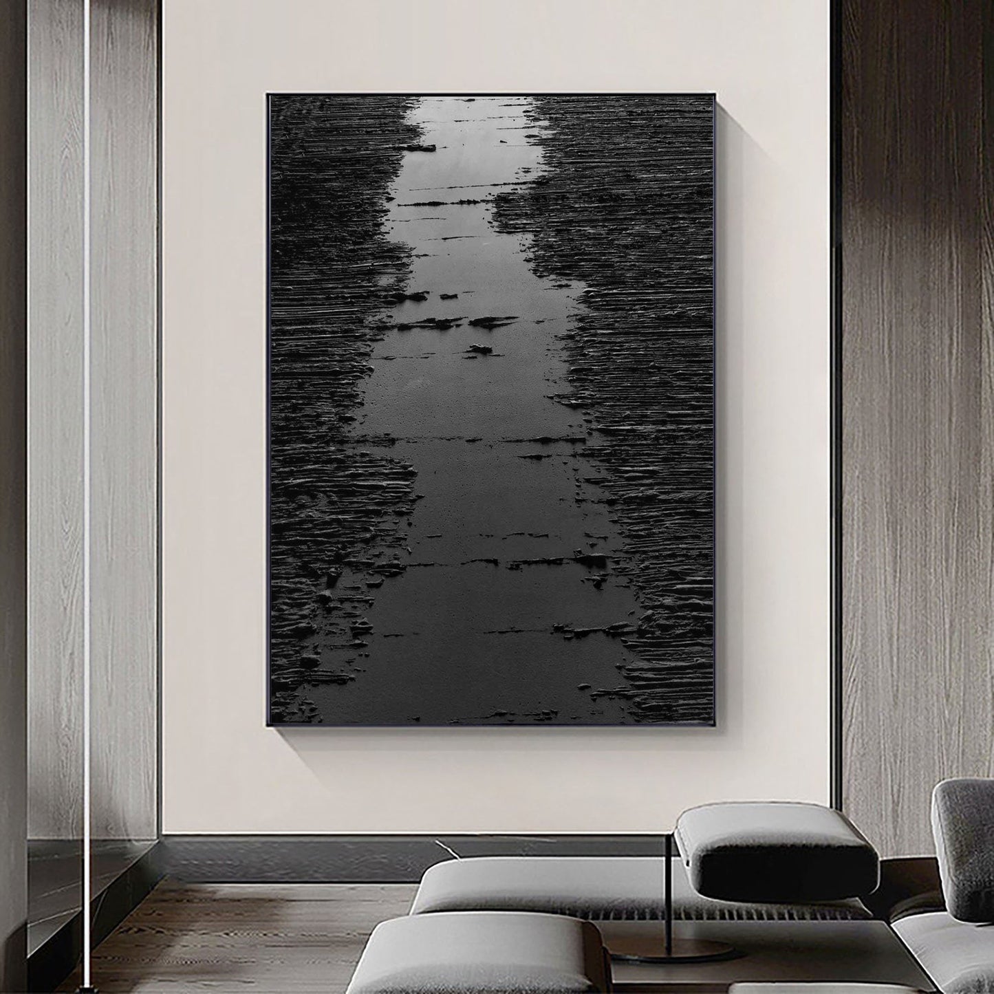 Monochrome Serenity: Modern Black and White Abstract Oil Painting for Home Décor