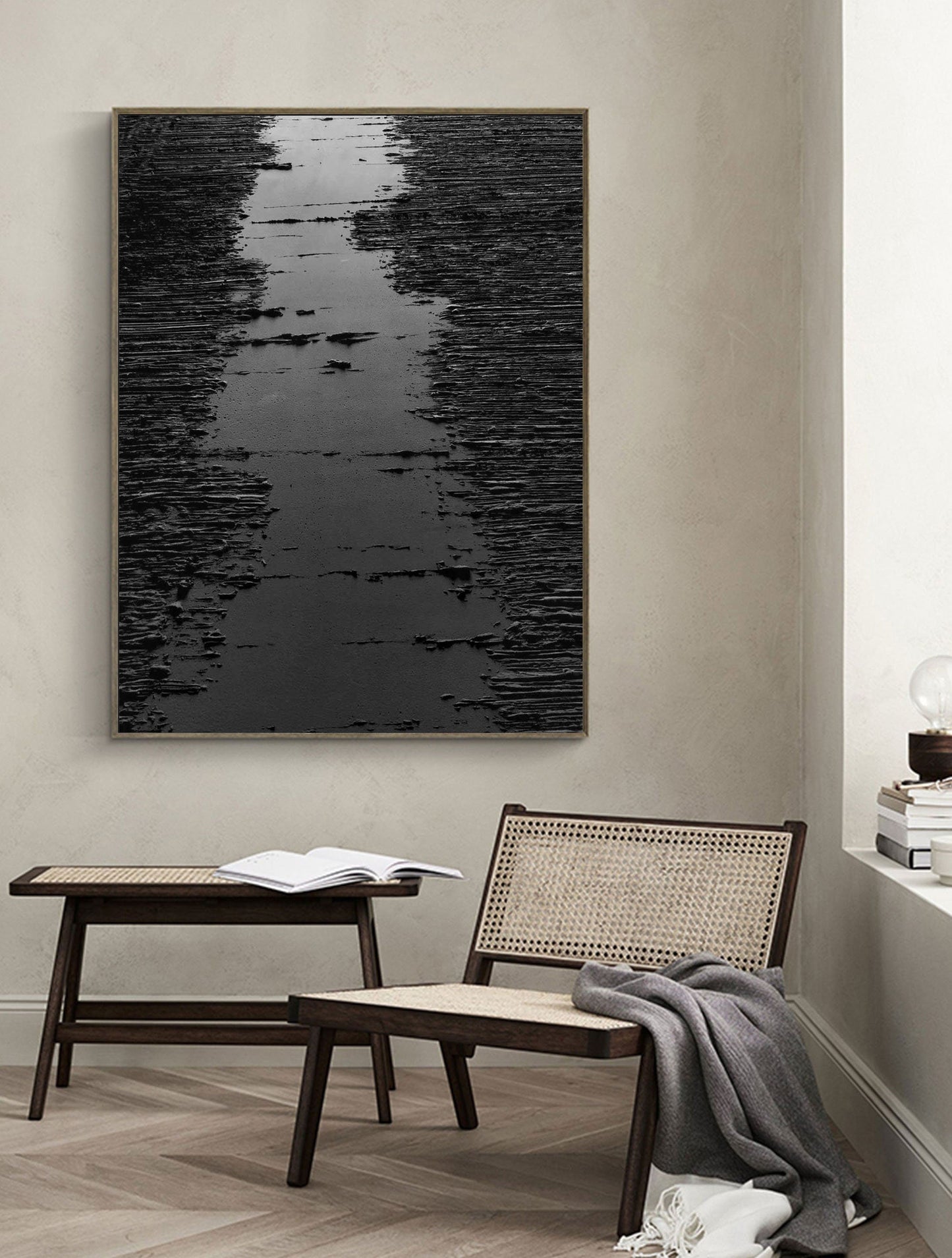 Monochrome Serenity: Modern Black and White Abstract Oil Painting for Home Décor