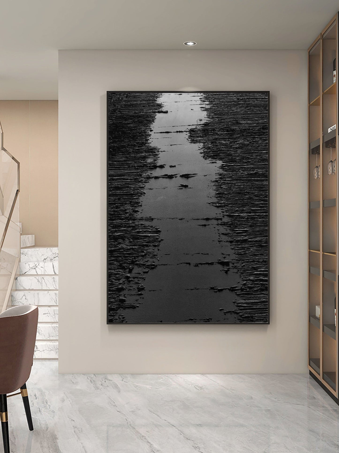 Monochrome Serenity: Modern Black and White Abstract Oil Painting for Home Décor