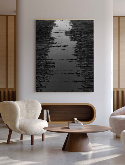 Monochrome Serenity: Modern Black and White Abstract Oil Painting for Home Décor