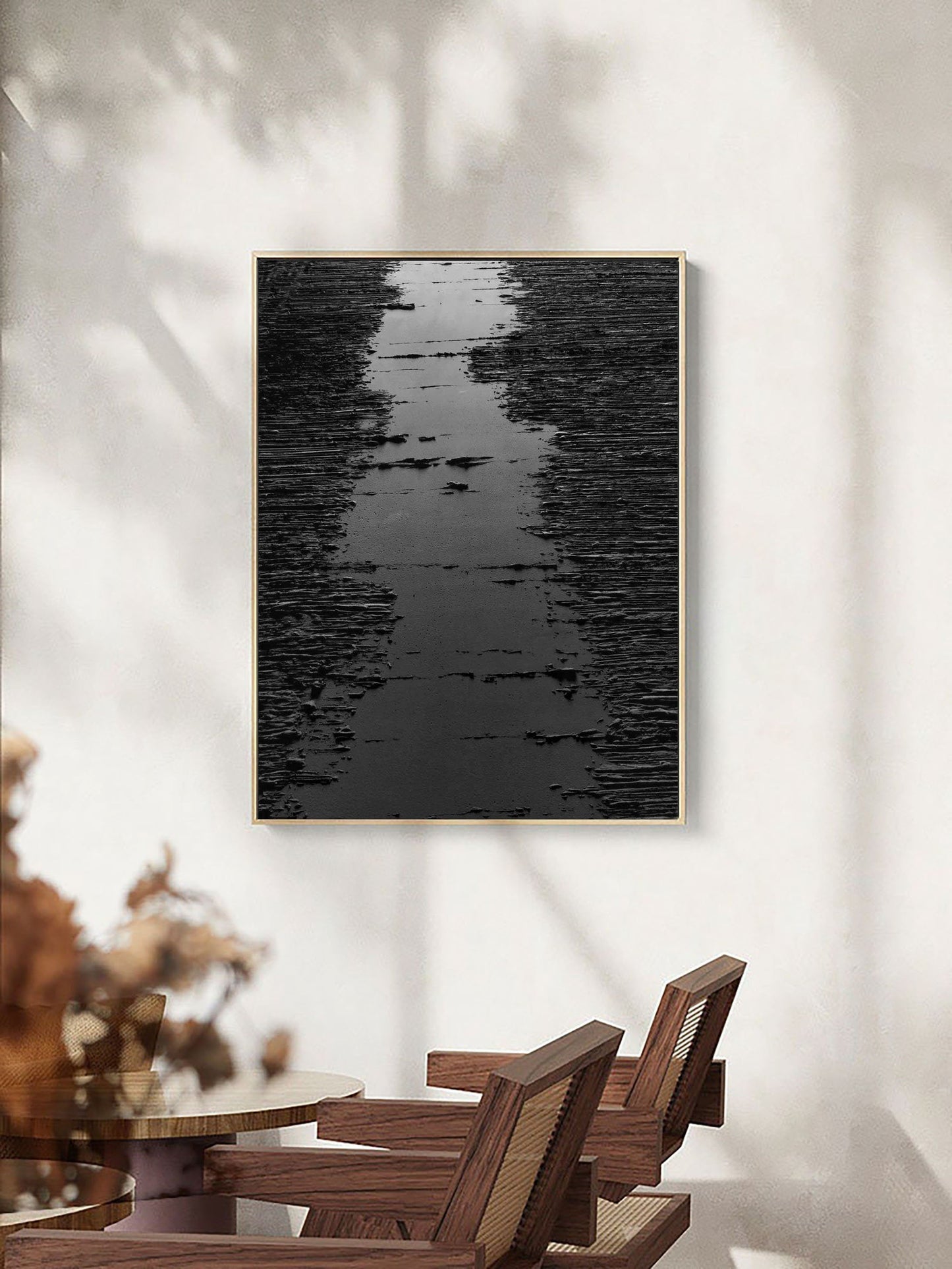 Monochrome Serenity: Modern Black and White Abstract Oil Painting for Home Décor