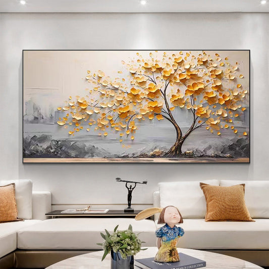 Golden Autumn Tree Oil Painting - Modern Minimalist Abstract Wall Art for Home Decor