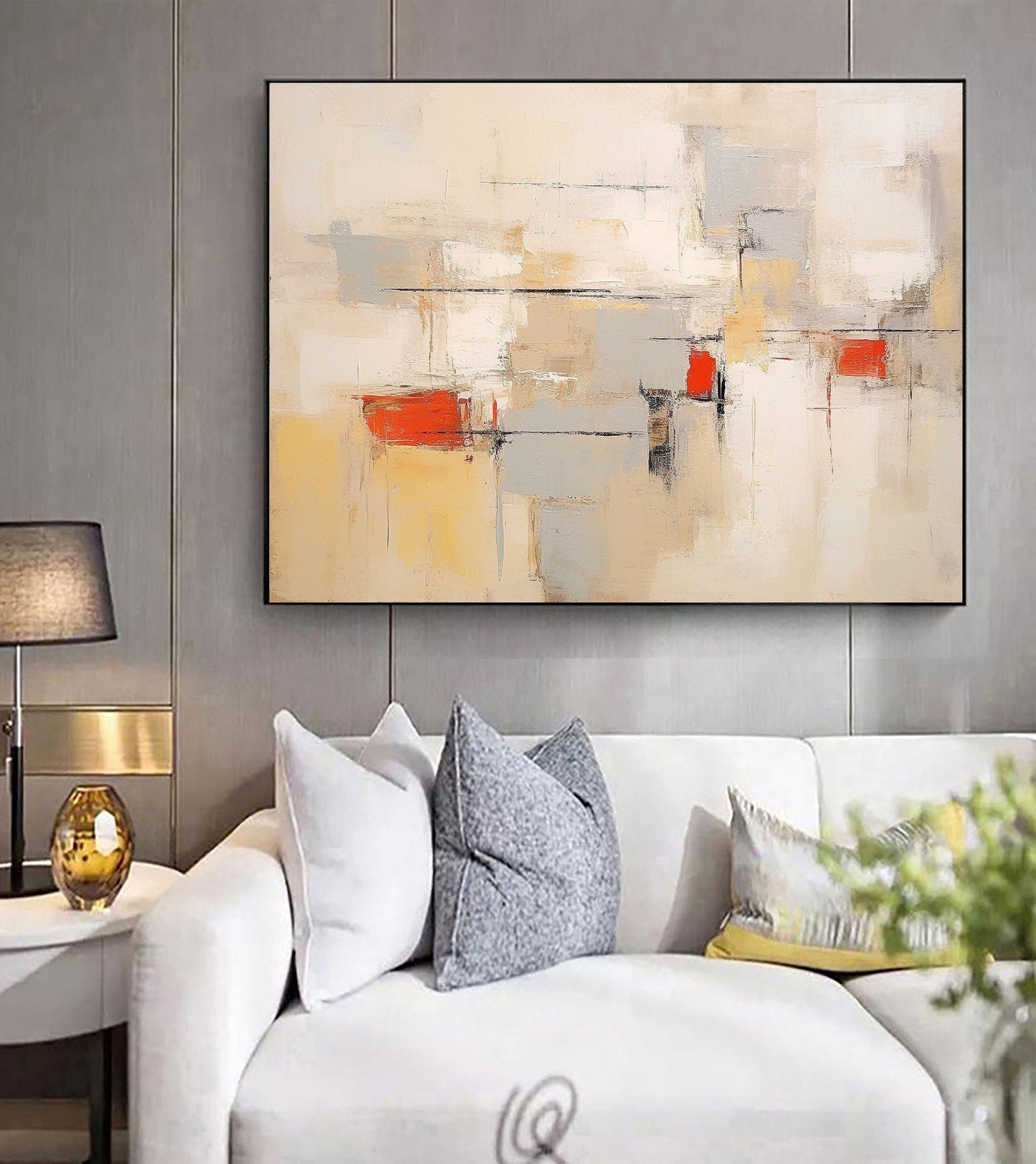 Contemporary Beige and Brown Abstract Oil Painting with Warm Accents