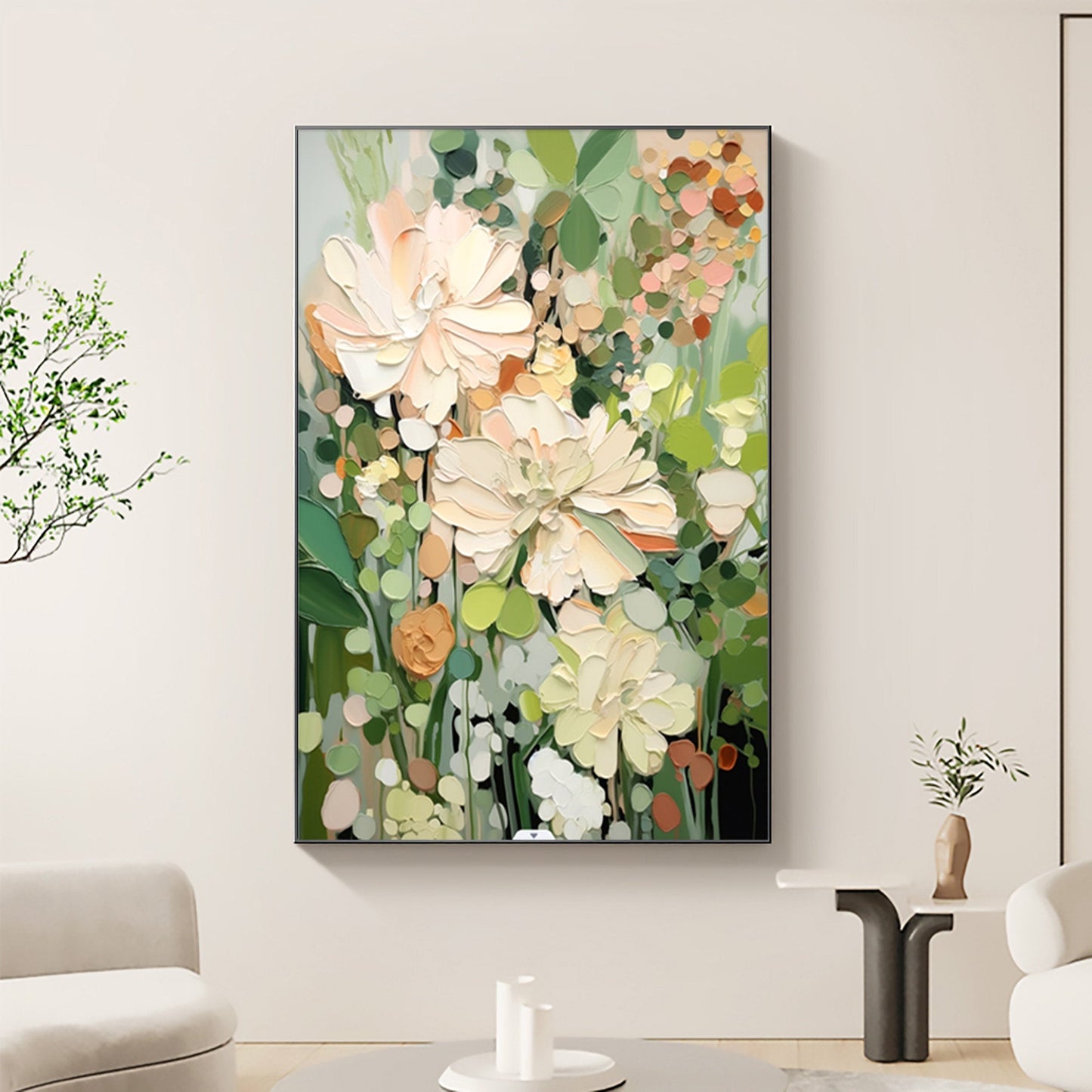 Serene Floral Abstract Oil Painting in Soft Pastels and Greens for Home Decor