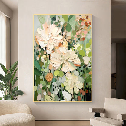 Serene Floral Abstract Oil Painting in Soft Pastels and Greens for Home Decor