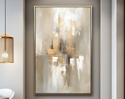 Elegant Grey and Gold Minimalist Oil Painting for Modern Home Decor