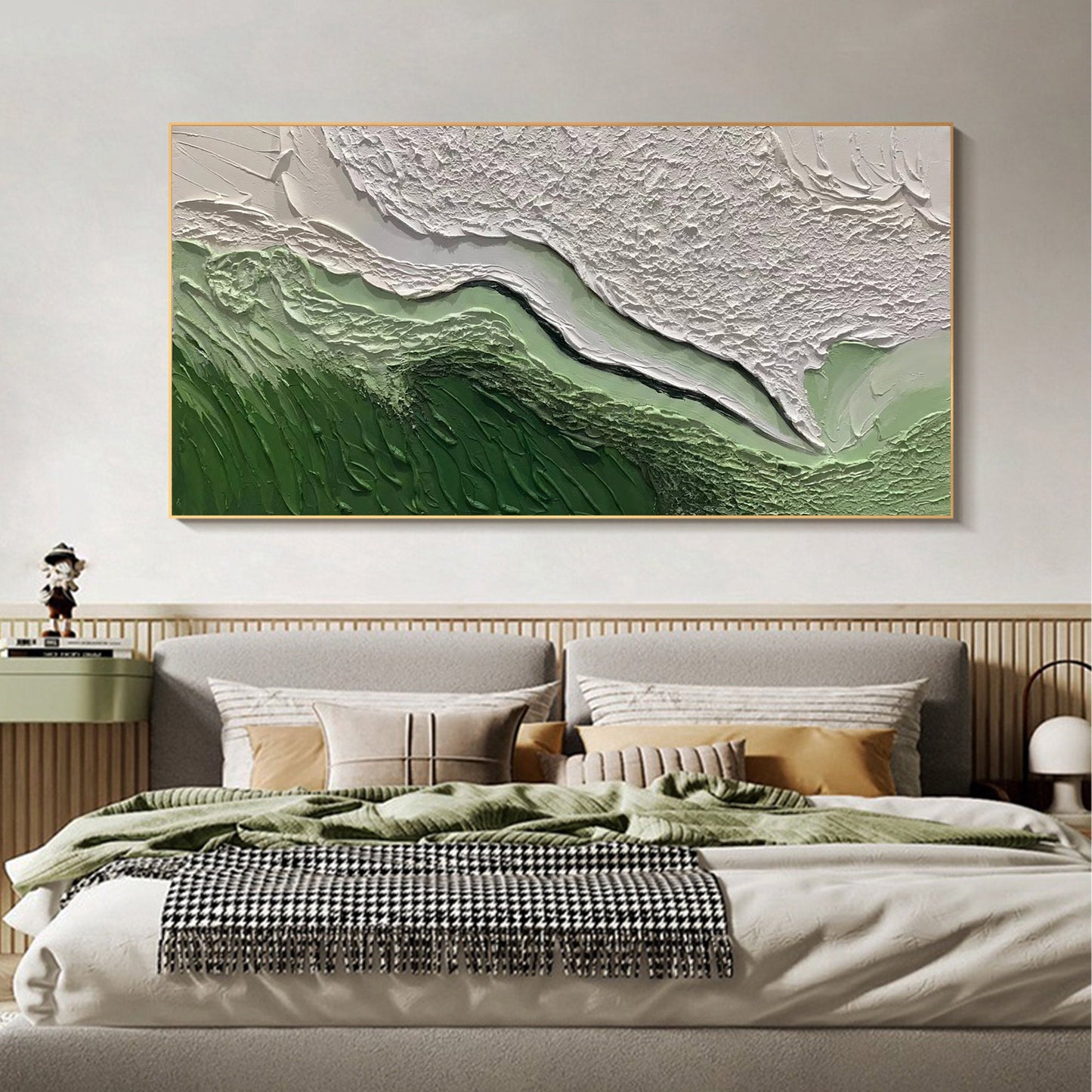 Textured Green and White Abstract Oil Painting for Modern Interiors