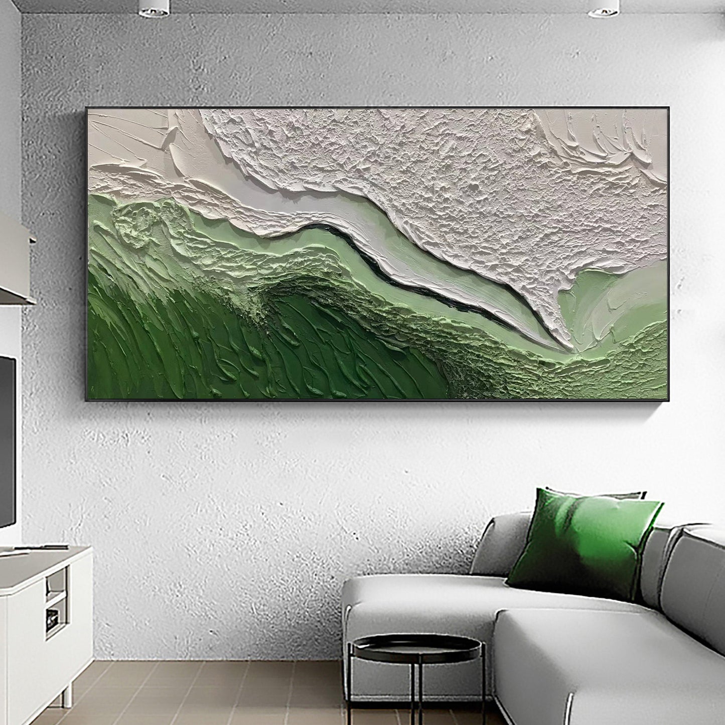 Textured Green and White Abstract Oil Painting for Modern Interiors