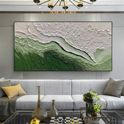 Textured Green and White Abstract Oil Painting for Modern Interiors