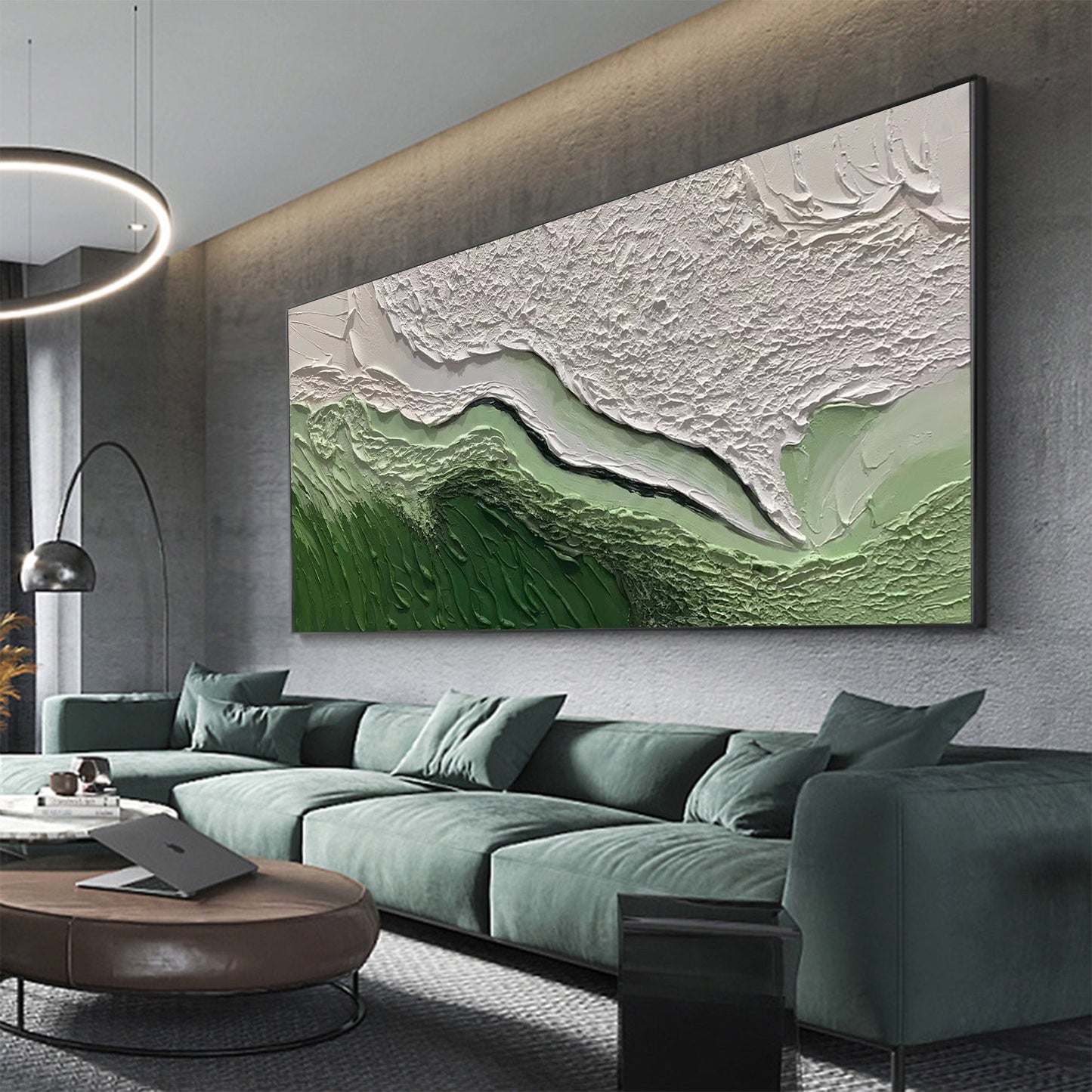 Textured Green and White Abstract Oil Painting for Modern Interiors