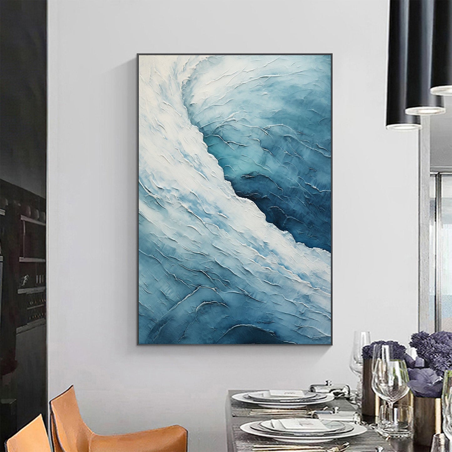 Ocean Blue & White Textured Abstract Oil Painting for Modern Home Decor