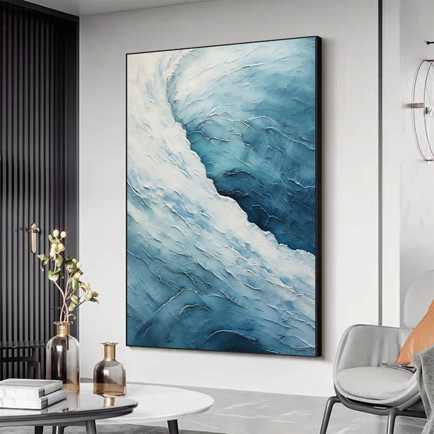 Ocean Blue & White Textured Abstract Oil Painting for Modern Home Decor