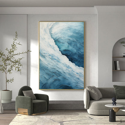 Ocean Blue & White Textured Abstract Oil Painting for Modern Home Decor