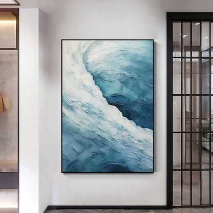 Ocean Blue & White Textured Abstract Oil Painting for Modern Home Decor