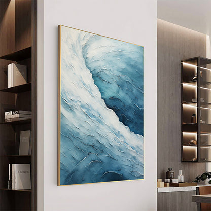 Ocean Blue & White Textured Abstract Oil Painting for Modern Home Decor